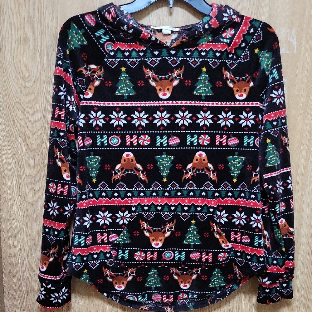 Festive Reindeer and Tree Pattern Hoodie